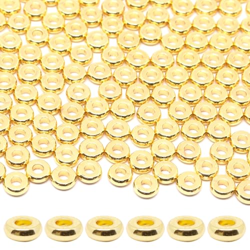 200Pcs 4mm Gold Flat Spacer Beads 18K Gold Plated Loose Beads for Jewelry Making DIY Bracelet Necklace Earring - size: 4mm