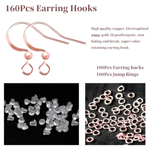 160 PCS/80 Pairs Rose Gold Fish Hook Earring Hooks with 100 PCS Clear Silicone Earring Backs and 100 PCS Jump Rings for DIY Jewelry Making - color: C style-Rose Gold Earring Hooks