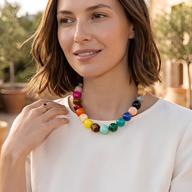 Colorful Beaded Necklace for Women, Stainless Steel Adjustable Chunky Acrylic Ball Necklace, Non Tarnish Vibrant Statement Jewelry, Summer Gift for Her