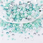 60g Mixed Flatback Pearls and Rhinestones for Crafts, Tumblers, Shoes, Face Nail Art, 2mm-10mm Half Pearls and Flatback Rhinestones for Bedazzling, Aquamarine|White - color: Aquarius Blend | Mix Aquamarine | White