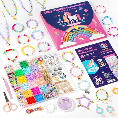 Gionlion Easter Basket Stuffers for Girls 8-12, Bracelet Making Kit Arts and Crafts for Jewelry Making Supplies Kit with 198Pcs Letter Beads, Unicorn/Mermaid DIY Birthday Mothers Day Gifts - style: Girly Gift