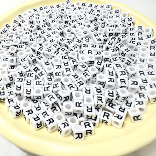 500Pcs White Square Letter Beads R 6X6mm Individual Cube Alphabet Beads for Friendship Bracelets Making - color: Square - R