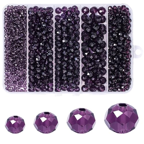 850Pcs 4/6/8/10mm Crystal Glass Beads for Jewelry Making Faceted Rondelle Flat Beads for Bracelets Necklace Earrings DIY Crafts(Purple Crystal Bead) - color: Purple