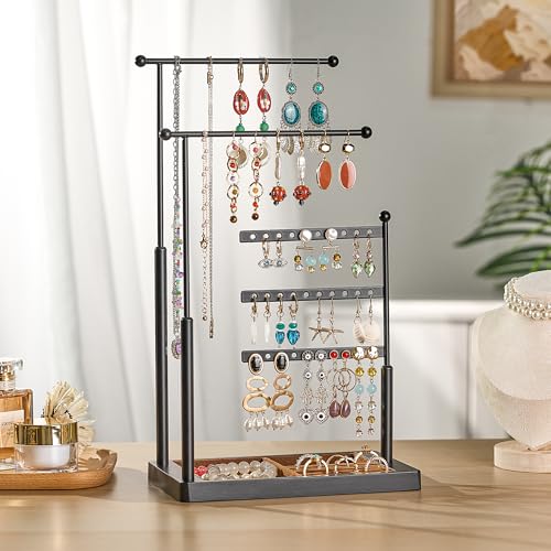 pickpiff Jewelry Organizer Holder Stand: 3 Tier Jewelry Storage Display for Necklace, Bracelet, Earring, Ring, Black & Brown - color: black & brown