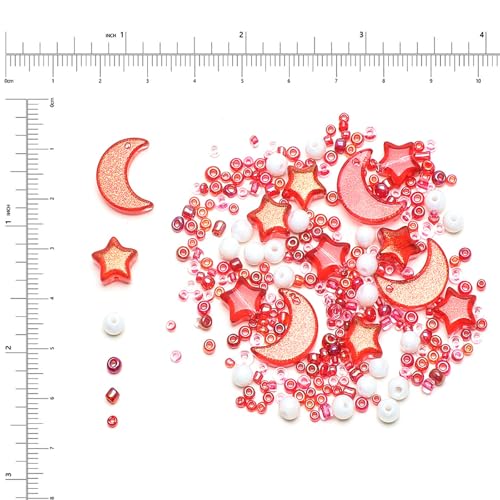Mixed Star Moon Crystal Glass Beads Seedbeads Loose Round Pearl Beads for Jewelry Making Craft Bracelets Necklaces Earrings DIY Crafts Projects Red Glass Spacer Bead Kits for Crafts - color: Red