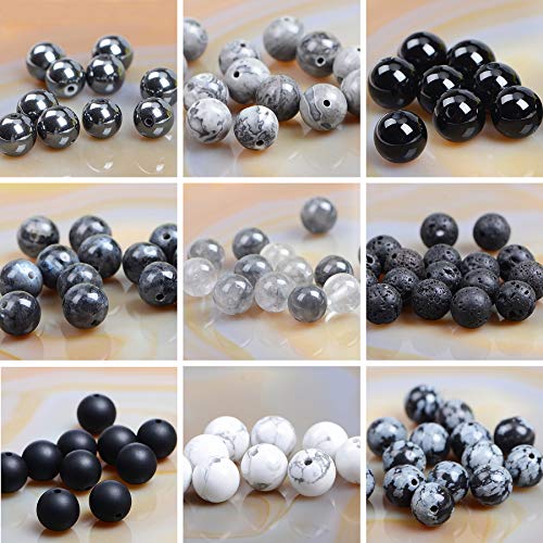 Massive Beads 80PCS Natural Crystal Beads 10 Black Color Material Stone Gemstone Round Loose Energy Healing Beads with Free Crystal Stretch Cord for Jewelry Making (Black Gems, 10MM) - color: Black Gems, size: 10MM