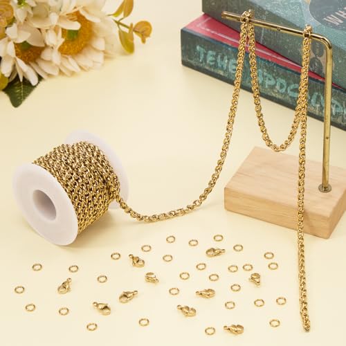 Jabogrii 16.4 Feet Gold Stainless Steel Jewelry Making Chain Bulk Craft Twisted Chain on Spool with Lobster Clasps and Jump Rings for Jewelry Making - color: Twisted Gold