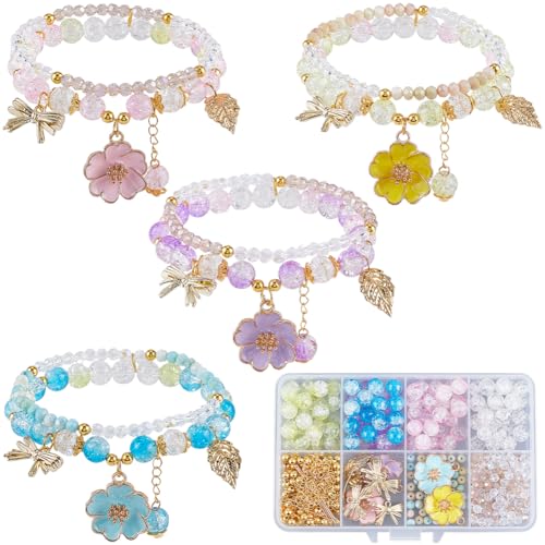 SUNNYCLUE 1 Box 430pcs DIY 4 Sets Flower Bracelet Making Kit Enamel Flower Charms Spring Light Gold Plated Violet Flowers Bowknot Leaf Electroplate Clear Ab Colors Bead for Jewelry Making Beginners - style: Flower