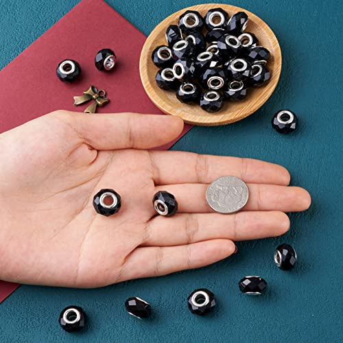 100pcs 14mm Large Hole Glass Beads Black European Beads Lampwork Loose Spacer Beads Murano Glass Beads for DIY Craft Snake Chains Bracelet Necklace Earring Making Hole: 5mm - color: Black