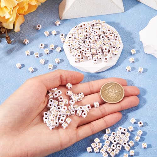 FASHEWELRY 500Pcs White Golden Letter Beads 4.5mm Square Alphabet Beads Acrylic Cube Letter S Beads for Friendship Bracelet Necklace Keychains Jewelry Making - color: Letter S