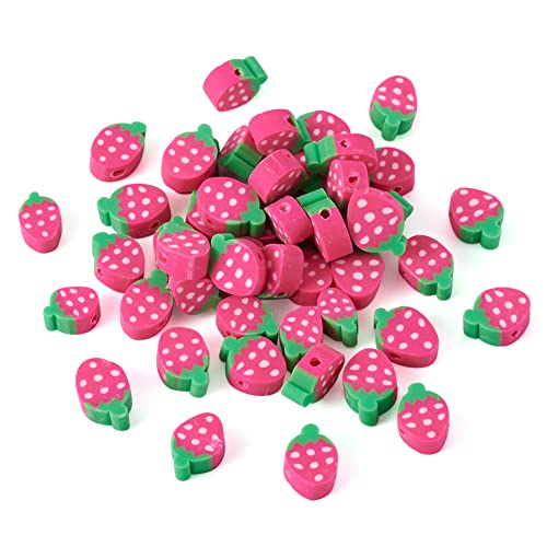 50PCS Handmade Polymer Clay Beads Hot Pink Color Strawberry Shape Loose Beads Fruit Theme Spacer Beads for DIY Bracelet Necklace Earring Charm Jewelry Making Hole 1.6mm - color: Strawberry # Hot Pink