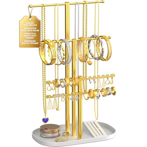 Jewelry Tower Stand Organizer for Women - Elegant Jewelry Holder Display with Necklace Holder, Earring Organizer & Bracelet Rack - Tabletop Jewelry Stand for Dresser, Vanity, Desk - color: Gold