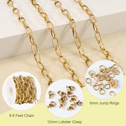 SMYHTGLIF 9.8 Feet Unwelded Embossed Oval Paperclip Chain Bulk Roll Gold Stainless Steel Chain for Jewelry Making DIY Craft Jewelry with Lobster Clasps and Jump Rings - color: Embossed Paperclip Gold