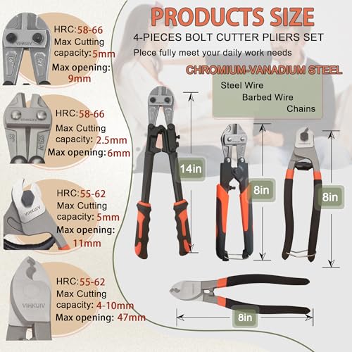 bolt cutters,4 pieces heavy duty bolt cutters pliers set, 14" & 8" Bolt Cutter, 8" Wire Cable Cutter, 8" Wire Rope Cutter, Cr-V Blade for Cutting Locks, Steel Wire, Chains, with golves
