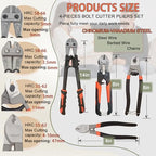 bolt cutters,4 pieces heavy duty bolt cutters pliers set, 14" & 8" Bolt Cutter, 8" Wire Cable Cutter, 8" Wire Rope Cutter, Cr-V Blade for Cutting Locks, Steel Wire, Chains, with golves