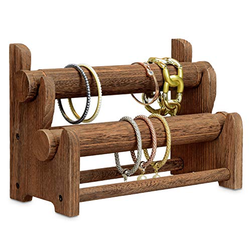 Ikee Design Wooden 2-Tier Bar Bracelet/Bangle Jewelry Holder Stand Display Organizer, Wood Bracelet Bangle Holder, Brown Color, 11 3/4 W x 5 3/8 D x 8 H in - color: Brown