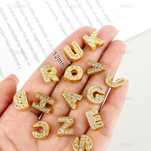 AUEAR, 26 Pack Gold A-Z 8mm Full Rhinestone Slide Charms Crystal Alphabet Letter Alloy for Bracelets Necklace Wristbands DIY Jewelry Making - color: Gold, size: 26 Pack