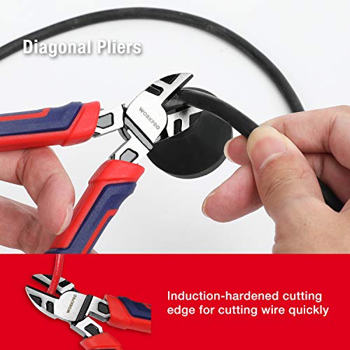 WORKPRO Pliers Set, Premium Cr-V Construction, Includes 6 Inch Slip Joint, Long Nose, Diagonal Cutting, 8 Inch Groove Joint, 7 Inch Linesman and Storage Pouch, for Basic Repair - size: 5-piece