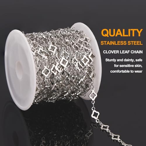 KYUNHOO 13 Feet Stainless Steel Jewelry Making Chains Silver Bulk Jewelry Hollow 4 Leaf Clover Chain for Making Crafts with Jump Rings Lobster Clasps - color: Leaf Clover Silver
