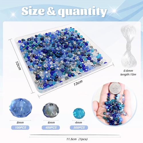 TOAOB 1000pcs Briolette Crystals Glass Beads 4mm 6mm 8mm Rondelle Faceted Spacer Beads Blue Loose Beads for Bracelets Necklace Earrings Jewelry Making - color: Blue