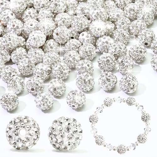 Dowarm 110PCS 10MM White Rhinestone Beads for Jewelry Making, Round Polymer Clay Crystal Beads for Crafts Bracelet Necklace Beaded Pen, Shamballa Pave Disco Ball Diamond Bead - color: 01-Crystal Clear | White, size: 10MM