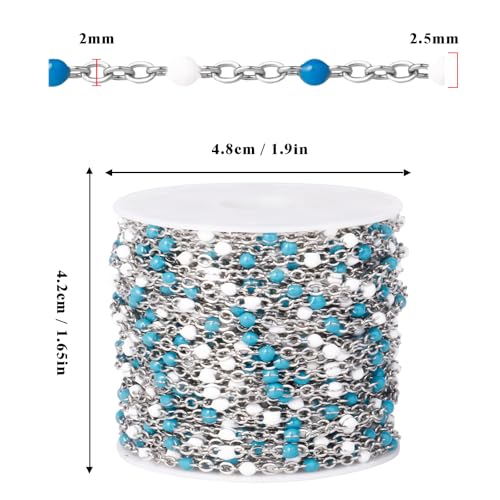 33 Feet Stainless Steel Enamel Chains Bulk, 2mm 304 Stainless Steel Blue White Enamel Beaded Cable Link Chain Roll Spool for Jewelry Making - color: Stainless Steel Blue White Beads