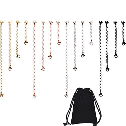 16 Pieces Necklace Extenders Black Jewelry Chain Extension Set for DIY Bracelet Making Stainless Steel 4 Colors 4 Sizes