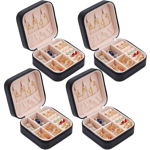 Neveika Portable Travel Mini Jewelry Box Leather Jewellery Ring Organizer Case Storage Gift Box Girls Women (4pcs black). - color: black