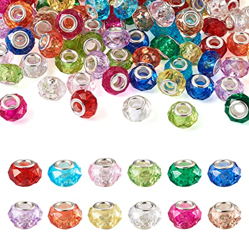 Beadthoven 120pcs Transparent Rondelle European Beads Large Hole 5mm 12 Colors 14x9.5mm Imitation Crystal Slide Charms Loose Spacers Random with Brass Double Cores for Bracelet Snake Chain Jewelry DIY - color: Faceted Mixed Color