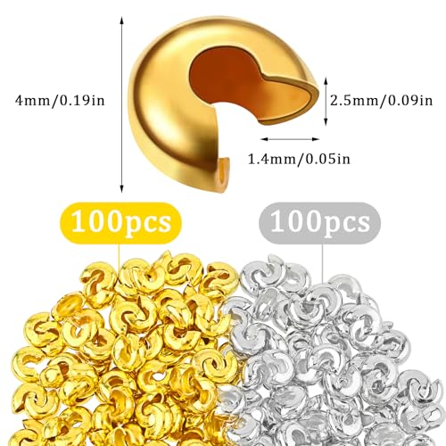 200pcs 5mm Crimp Bead Knot Covers Metal Half Round Open Crimp Beads Knot Covers Caps Jewelry Crimp Covers for Craft Supplies DIY Jewelry Making Accessory, Gold and Silver