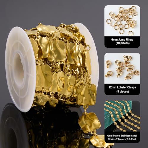 UMAOKANG 2 Meters Gold Rectangle Chain for Jewelry Making Stainless Steel Bulk Chain on Spool with Jump Rings Lobster Clasps - color: Gold Rectangle