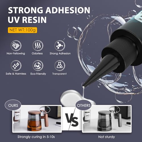 Akisey UV Resin Kit with Light, 100g UV Resin with Rechargeable 395NM UV Flashlight, Fast Curing in Seconds, UV Glue Adhesive for Bonding Jewelry, Plastic, Glass Repair, w/Mat, Gloves, Storage Bag - size: 100g