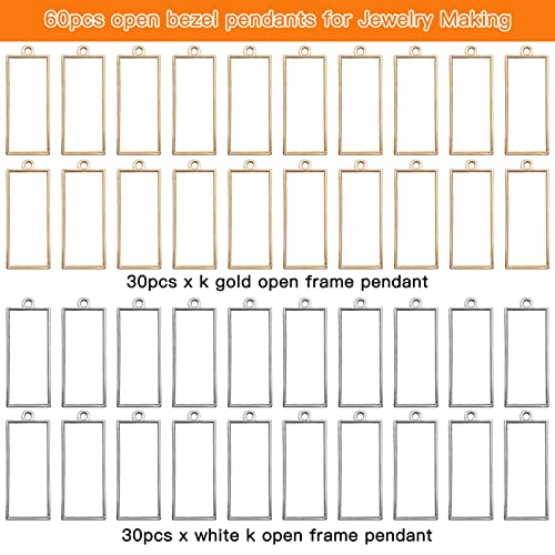 60pcs Open Bezels for Resin,Open Frame Pendant Hollow Frame Pendants Geometric Hollow Bezel Pendant Open Bezel Pendants Backs for Pressed Flower,Earrings,Bracelet,DIY Crafts(K Gold,White K) - color: K Gold,White K;Rectangle