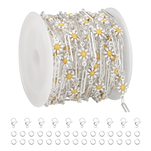 YOUBEIYEE 16.4 Feet Silver Plated Brass Chain for Jewelry Making Silver Paperclip Chain Enamel Daisy Flower Chains Bulk with Jump Rings Lobster Clasps - color: Daisy