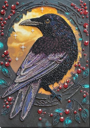 Wizardi Main Bead Embroidery Kit - Black Raven. Colorful Beads, Beading Needles. DIY Kit. Embroidery for Beginners. Home Decor. AB-904 Abris Art - color: Black raven