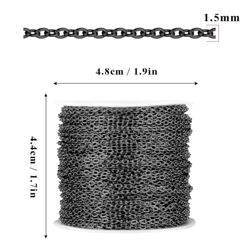 66 Feet Gunmetal Stainless Steel Cable Chains Bulk, 1.5mm 304 Stainless Steel Black Flat Cable Links Chain Roll Spool for Jewelry Making DIY Craft - color: Black, size: 1.5mm width
