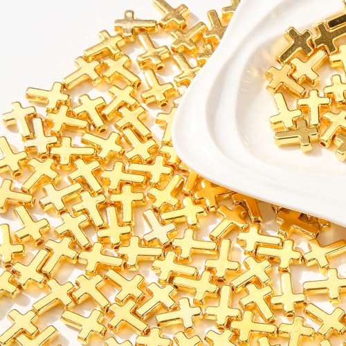 300pcs Cross Beads 12 * 16mm Golden Cross Beads Crosses Spacer Bead Bulk for DIY Crafting Necklace Bracelet Jewelry Making Keychain (Golden) - color: golden