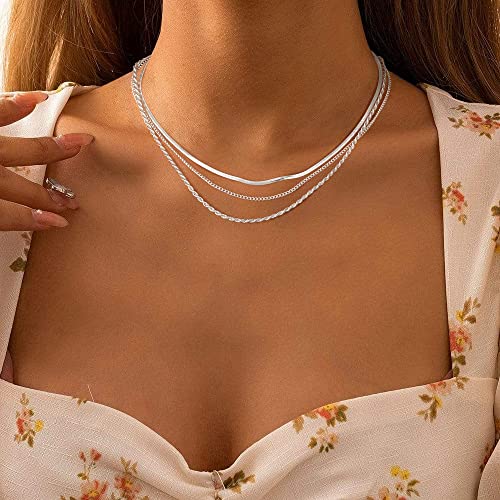 Freekiss Women's Layered Necklace Set - 3 Piece Dainty Gold Jewelry for Everyday Stacking | 14K Gold Plated Snake Chain, Rope Chain, Cuban Chain | Adjustable Length 14-18.5 Inch | Gift Ready - color: Silver, style: 3Snake+Rope+Cuban