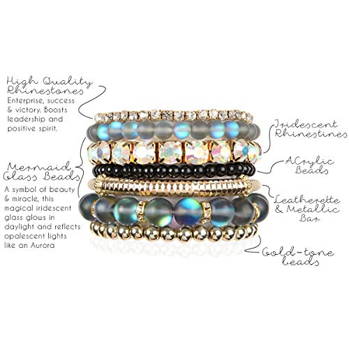 RIAH FASHION Multi Color Stretch Beaded Stackable Bracelets - Layering Bead Strand Statement Wrap Bangles - color: Mermaid Glass - Black, size: 7.0 Inches Length