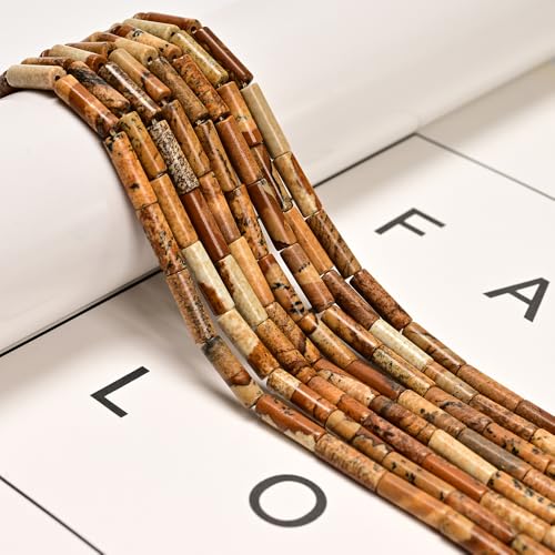 29 Pcs 4x13mm Natural Real Brown Picture Jasper Stone Bead Cylinder Column Tube Decorative Beads for Jewelry Making DIY Bracelets - color: Picture Jasper, size: 4x13mm