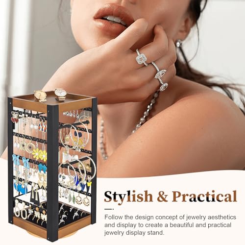 keomaisyto Rotating Earring Holder, Jewelry Holder Organizer with Ring Tray/Necklace/Bracelet Hooks, 360°Earring Organizer with Stable Bamboo Base for Jewelry Display (Patent Pending) - color: Black