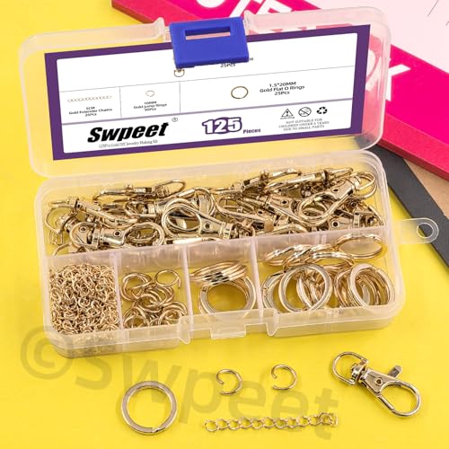 Swpeet 125Pcs Golden Keychain Making Set, 25Pcs Swivel Lanyard Snap Hook, 25P Keychain Ring, 25P Extender Chains, 50P Open Jump Rings, Swivel Lobster Clasps, Keychains Clips - color: Golden