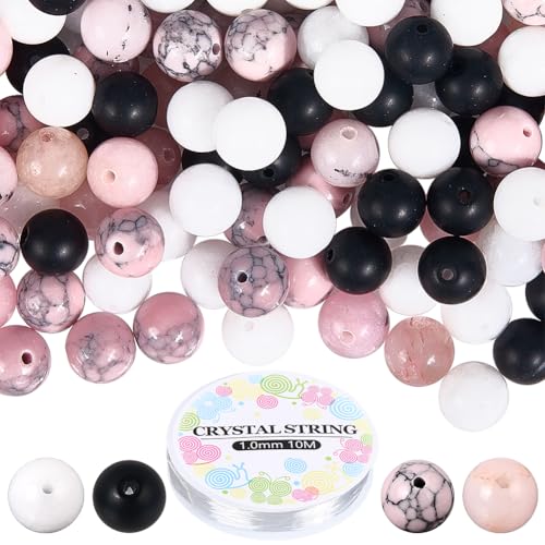 SUNNYCLUE 1 Box 180pcs Stone Beading Kit 8mm Gemstone Beads Black Pink White Jade Synthetic Turquoise Round Loose Spacer Beading Bulk with Elastic Cord for Jewelry Making Bracelets Necklaces Supplies