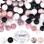 SUNNYCLUE 1 Box 180pcs Stone Beading Kit 8mm Gemstone Beads Black Pink White Jade Synthetic Turquoise Round Loose Spacer Beading Bulk with Elastic Cord for Jewelry Making Bracelets Necklaces Supplies