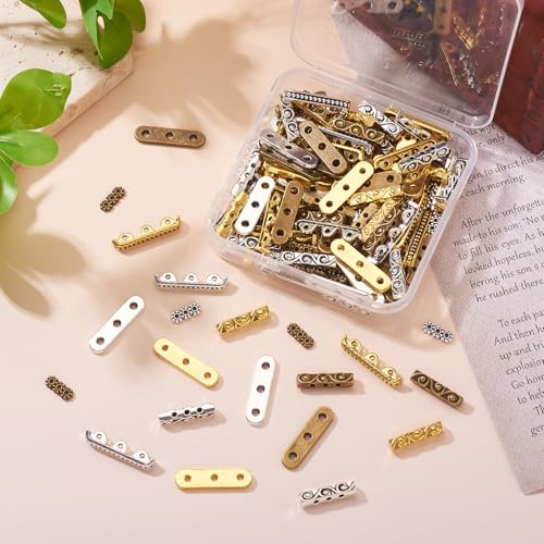 Pandahall 150Pcs 3-Holes Rectangle Spacer Bar Metal Beads 4 Styles Tibetan Multi Strand Separator Link End Bar Mixed Colors for Jewelry Making