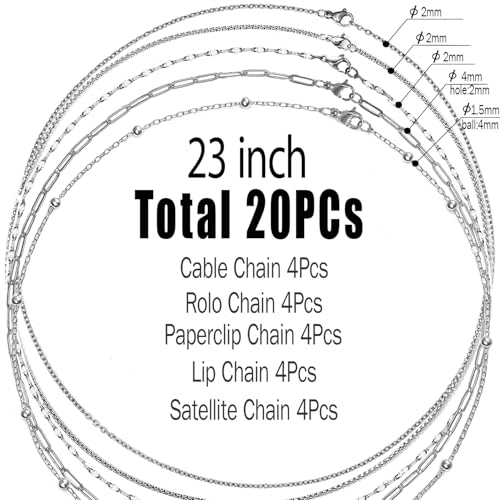 stino 20 Pack (5 Styles) No Tarnish Stainless Steel Chains for Jewelry Making, Bulk Silver Plated Chains, Satellite, Paper Clip, Lip, Rolo, Cable Mixed Styles (Silver (23 inch)) - color: Silver (23 inch)