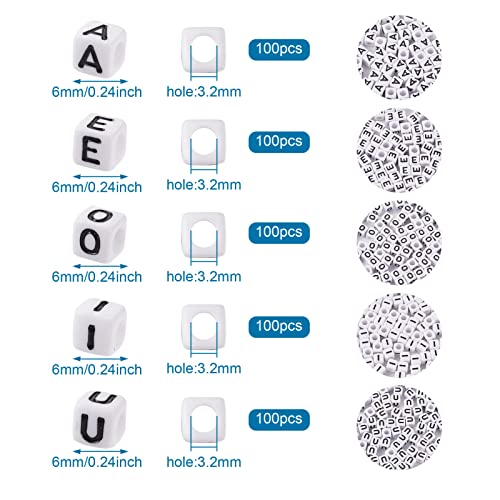 FASHEWELRY 500Pcs Vowel Cube Acrylic Letter Beads 6x6mm White A/E/I/O/U Initial Alphabet Beads for DIY Bracelet Necklace Jewelry Making - color: 00-A/E/I/O/U, size: 6x6x6mm