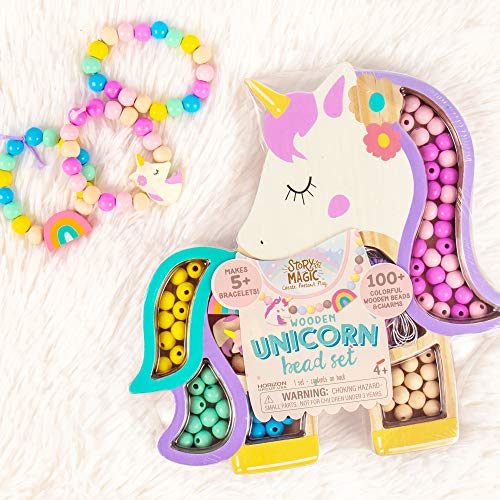 Story Magic Unicorn Bead Set by Horizon Group USA, Create Your Own Magical Beaded Jewelry, Includes Over 100 Natural Wooden Beads Large Hole, 5 Pre-Cut Elastic Cords with Shoelace Ends, Storage Case - size: Large, style: Unicorn Bead Set