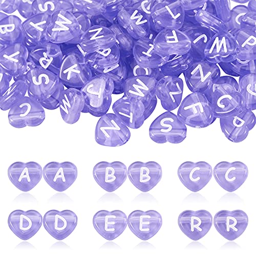 Cheriswelry 100pcs Heart Transparent Acrylic Letter Beads Purple Alphabet Crystal Beads Horizontal Hole Loose Spacer Bead 10.5x11.5mm for DIY Earring Bracelet Necklace Jewelry Making - color: Purple-Heart