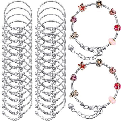 Hicarer 20 Pcs Chain Bracelet for Jewelry Making Women DIY Adjustable Snake Charm Bracelet with Heart Shape Extender Chain(Silver) - color: Silver